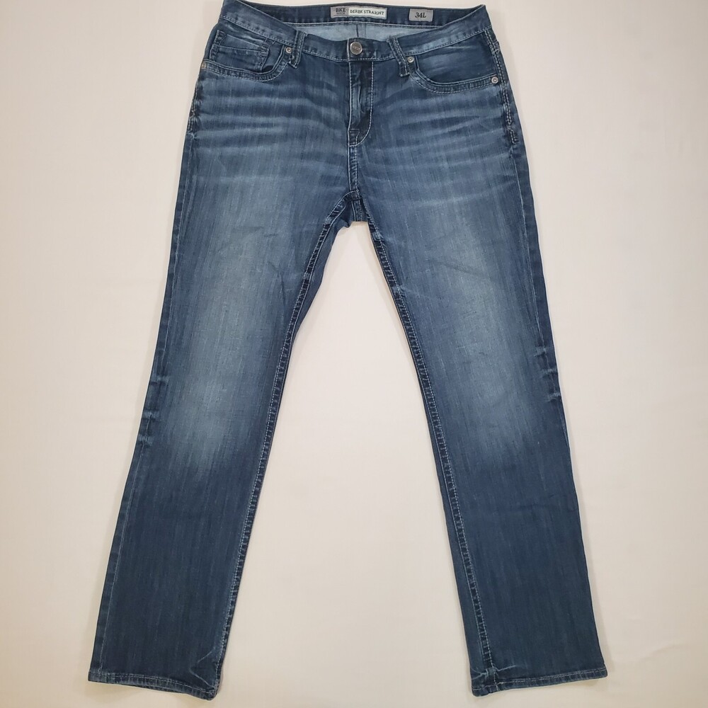 BKE Jeans Mens 34x32 Blue DEREK Relaxed Straight Stretch Denim Contrast Stitch